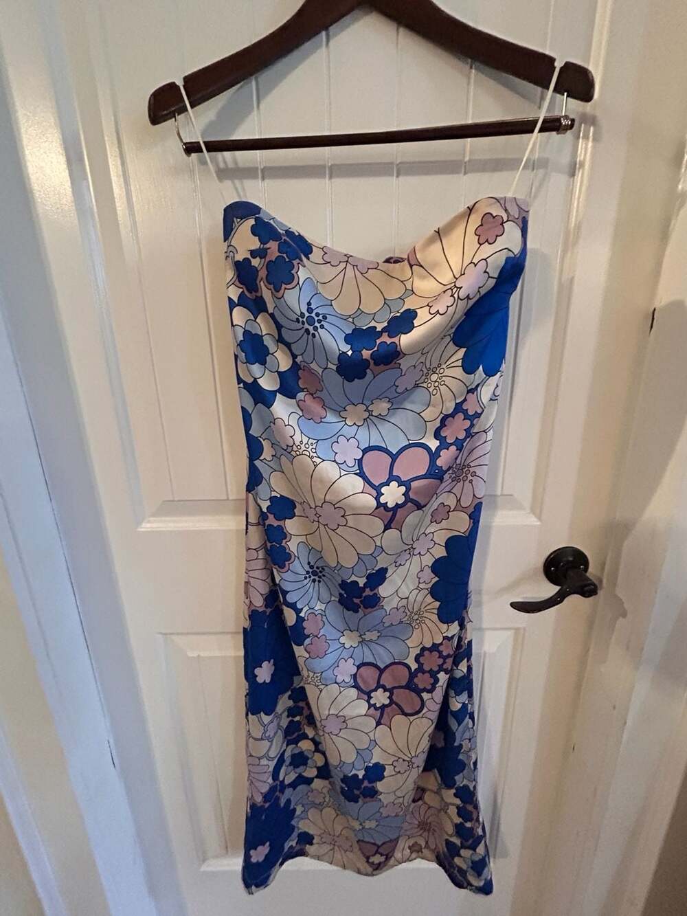 Zara Strapless Retro Floral Print Satin Effect Midi Dress